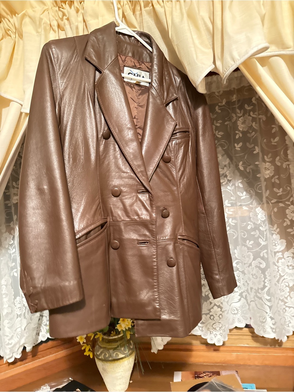 Vintage Double-Breasted Brown Leather Blazer Jacket